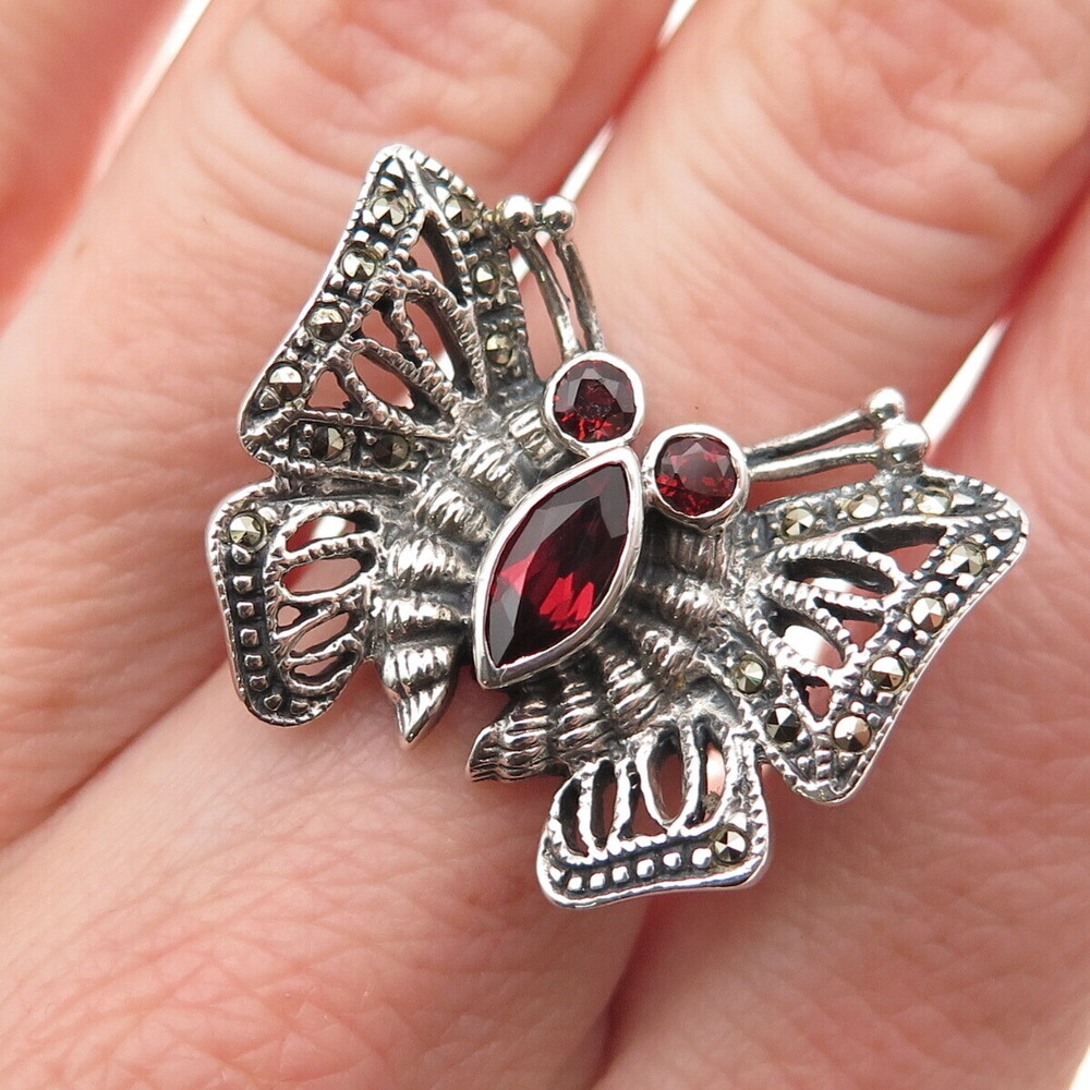 Chapal Zenray Sterling Vintage Real Garnet & Marcasite Butterfly Ring Size 6.75
